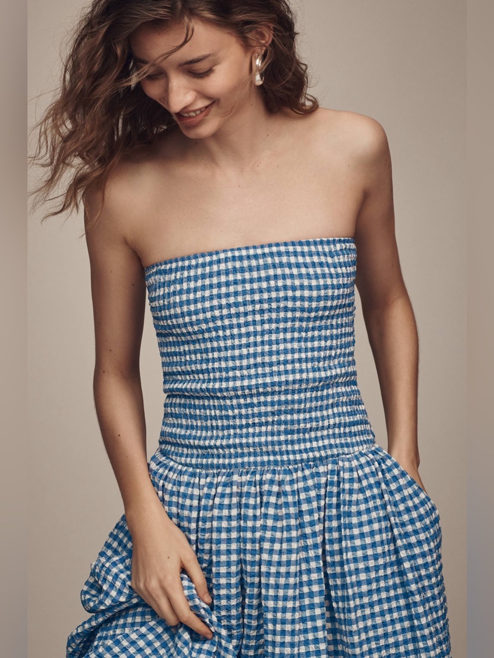 Anthropologie Maeve Blue Gingham Strapless Midi Dress - Picture 4 of 8